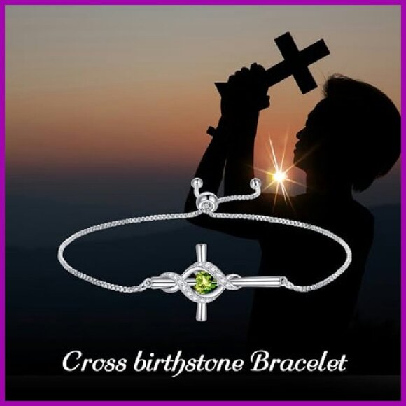 Sterling Silver Cross Bracelet with Birthstone Pendant, 7+2 Inch Chain - Picture 7 of 8